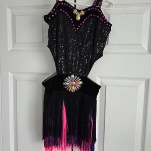 Girls Black Dance Costume with Hot Pink Sequin Accents